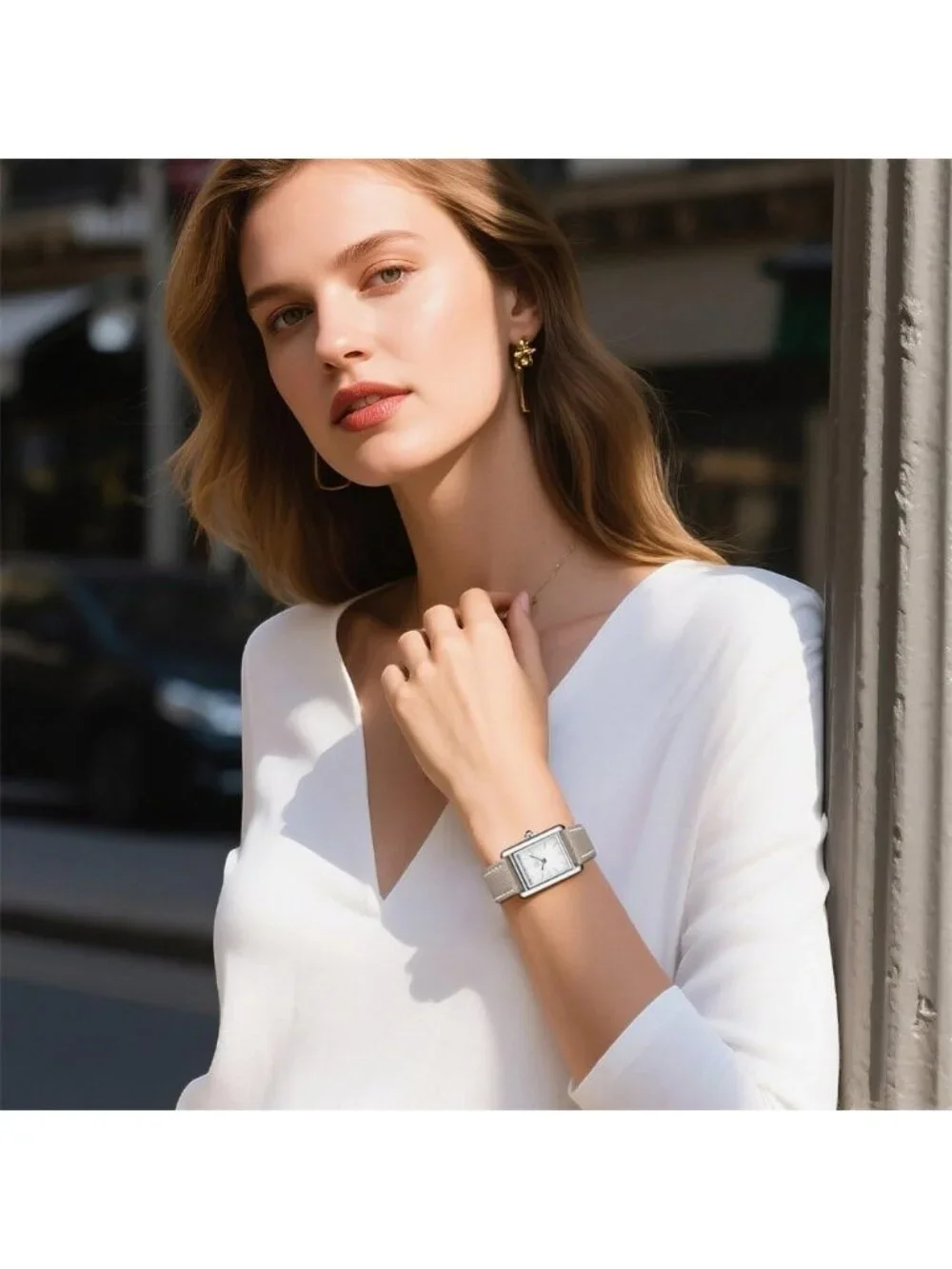Women's Khaki Minimalist Vintage Square Leather Strap Vintage Classic Watches